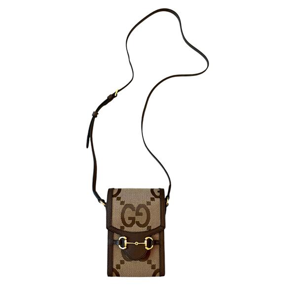 GUCCI Jumbo GG Mini Messenger Phone Bag in Logo Canvas Camel Ebony New - Picture 2 of 16